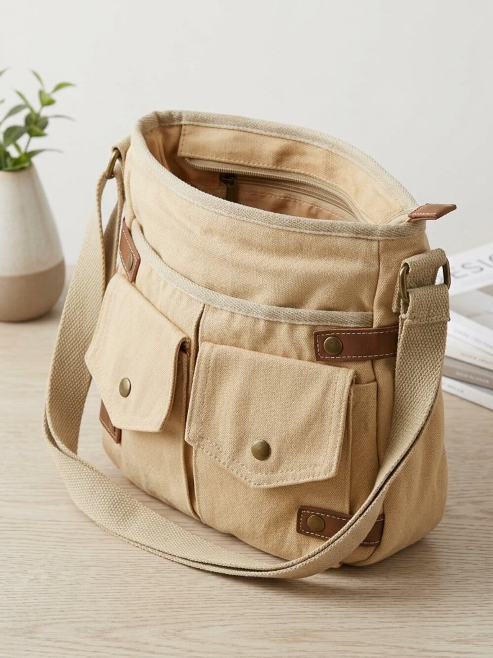 Shoulder Crossbody Bag 100% Cotton Multiple Layers & Pockets Beige Soft Preppy